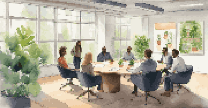 A group of diverse professionals engaged in a meeting in a well-lit office with plants and motivational posters.