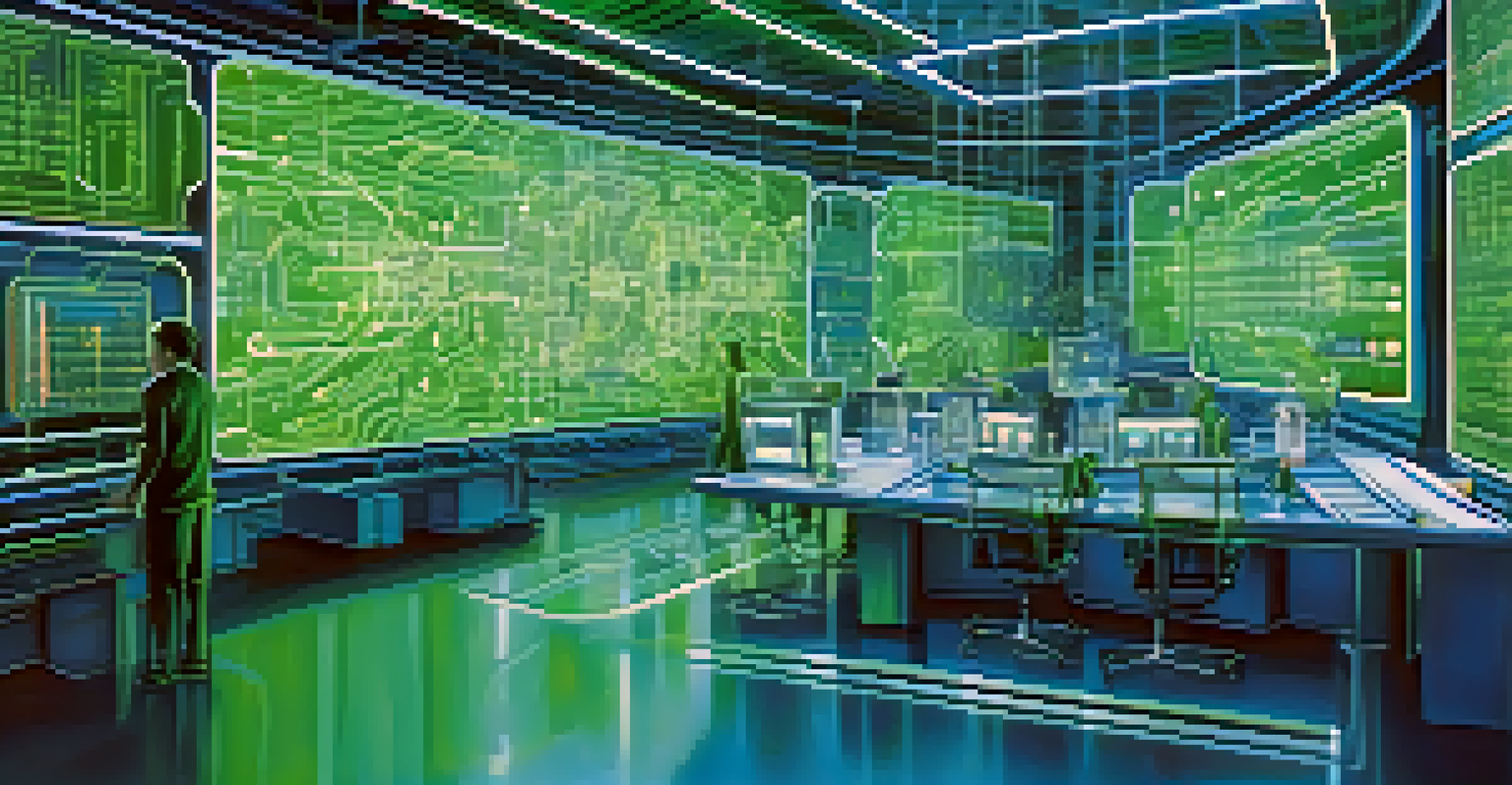 A futuristic representation of artificial intelligence and machine learning with data flowing through a network in a high-tech environment.