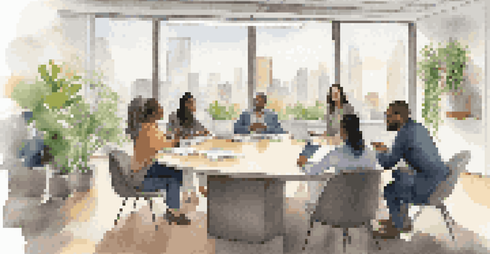 A diverse team in a bright office, engaged in a brainstorming session, illustrating ethical leadership and collaboration.