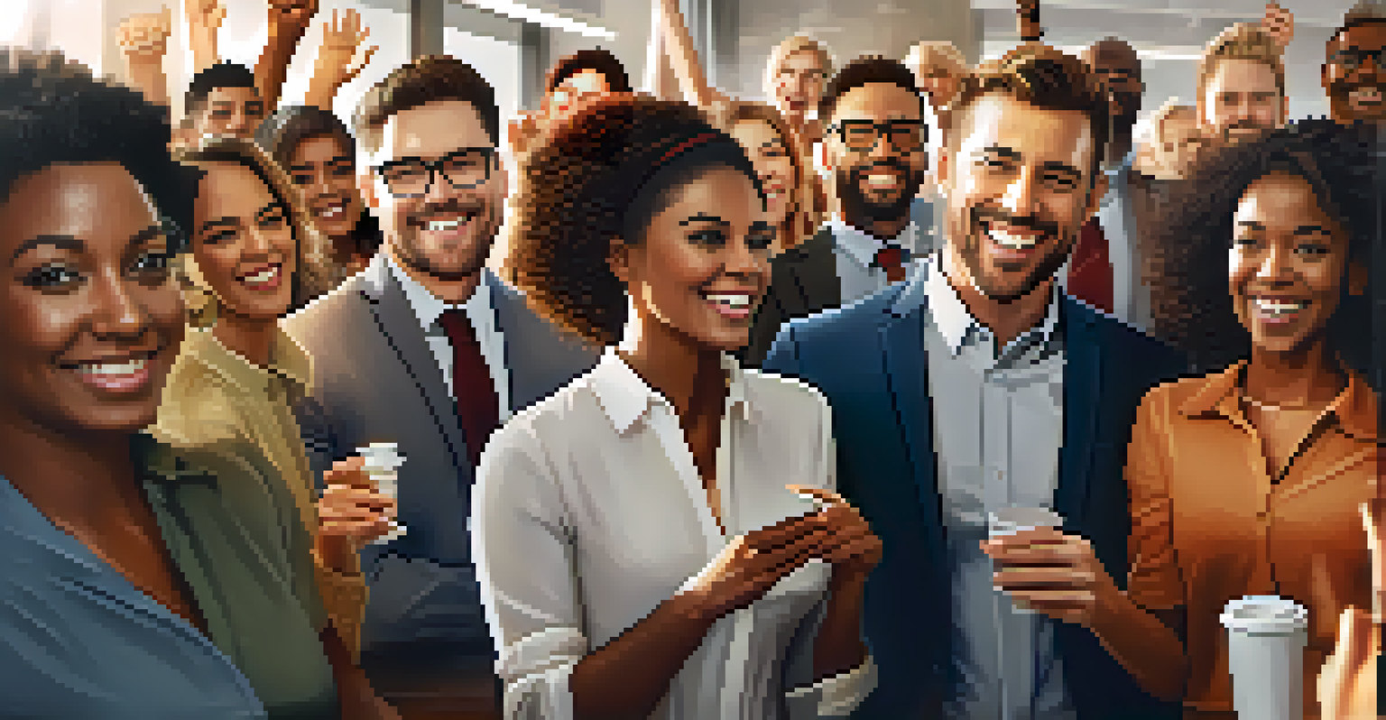 A diverse group of happy employees in an office celebrating a project success, with motivational posters in the background.