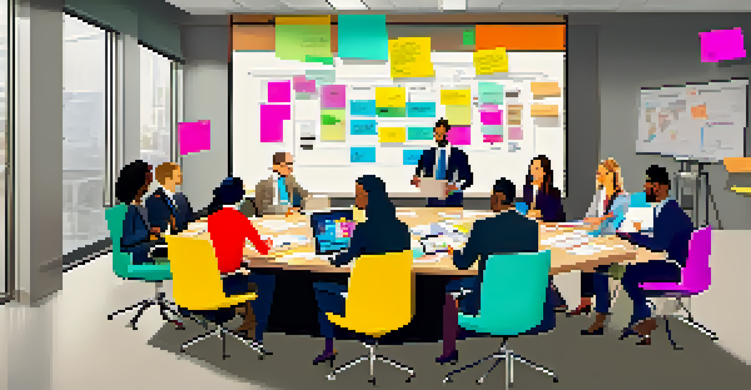 A group of diverse professionals collaborating around a conference table with sticky notes and a whiteboard.
