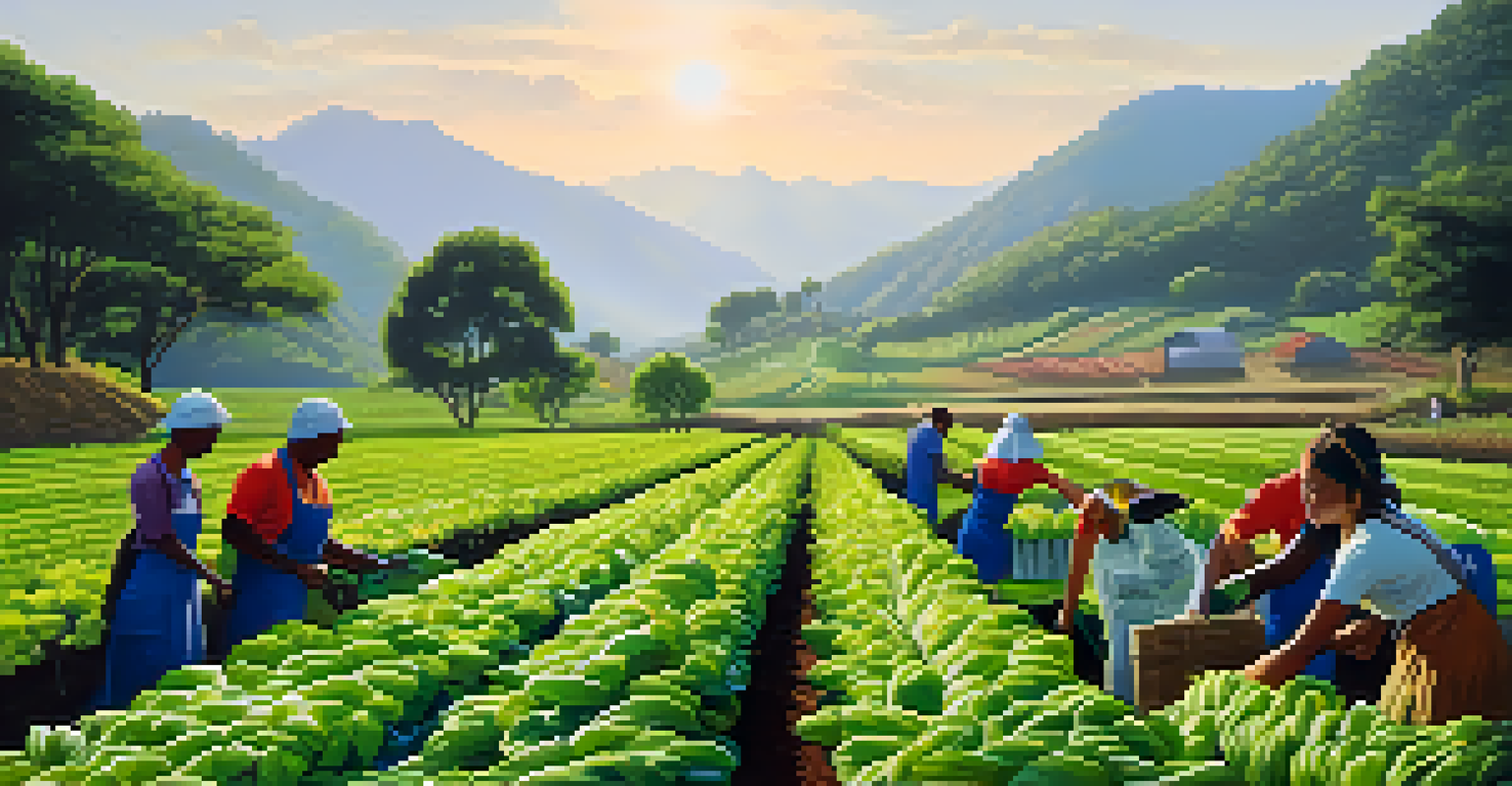 Workers harvesting organic crops in a lush green landscape representing sustainable sourcing practices.