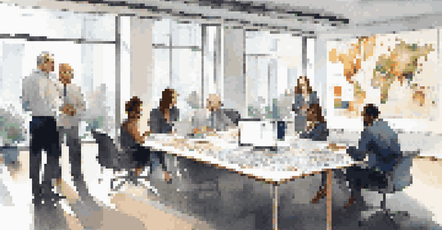 A diverse team of professionals in an office setting discussing international market research with charts and maps on the table.