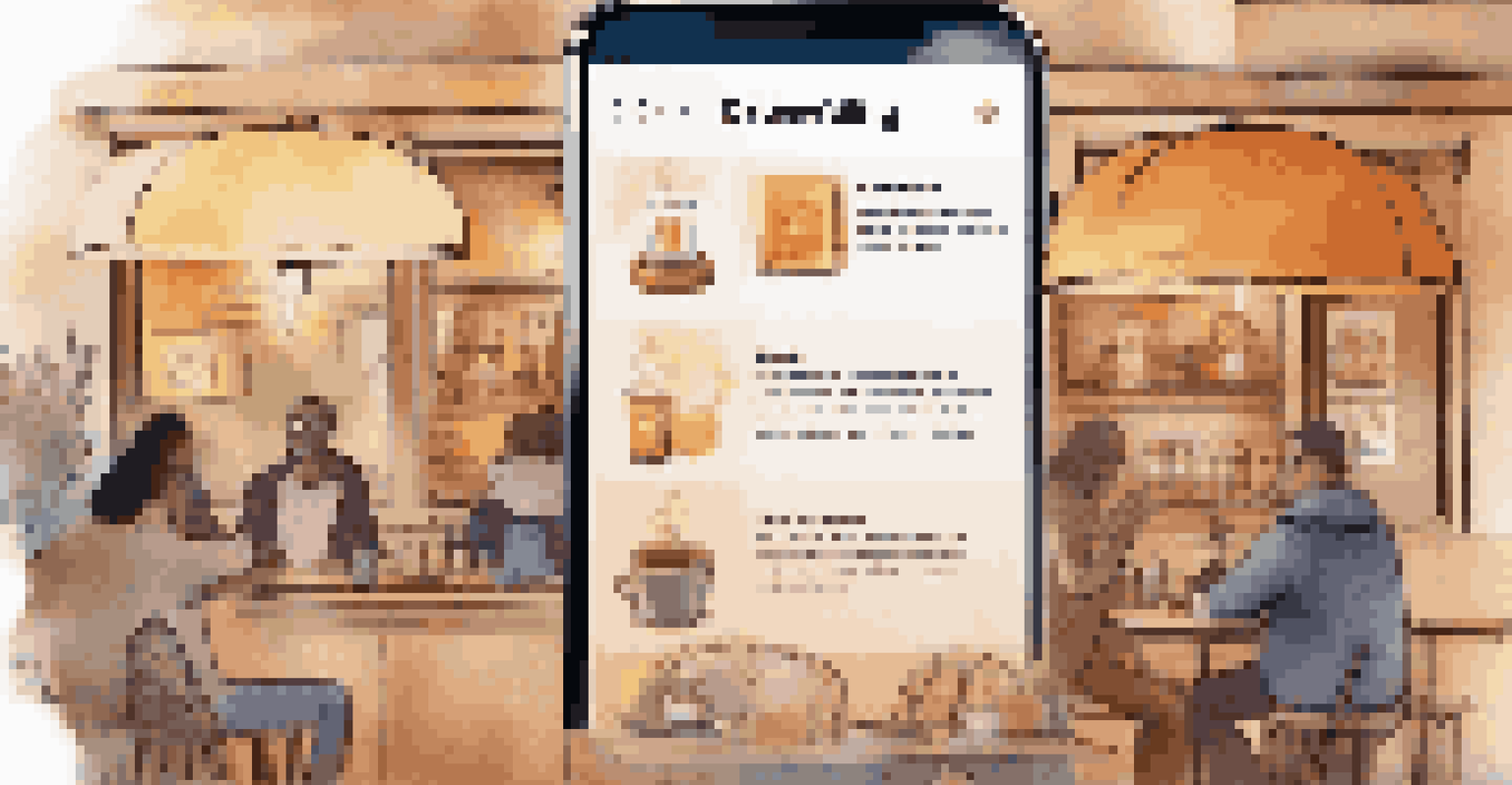 A smartphone displaying a crowdfunding platform interface with various project listings in a cozy café environment.