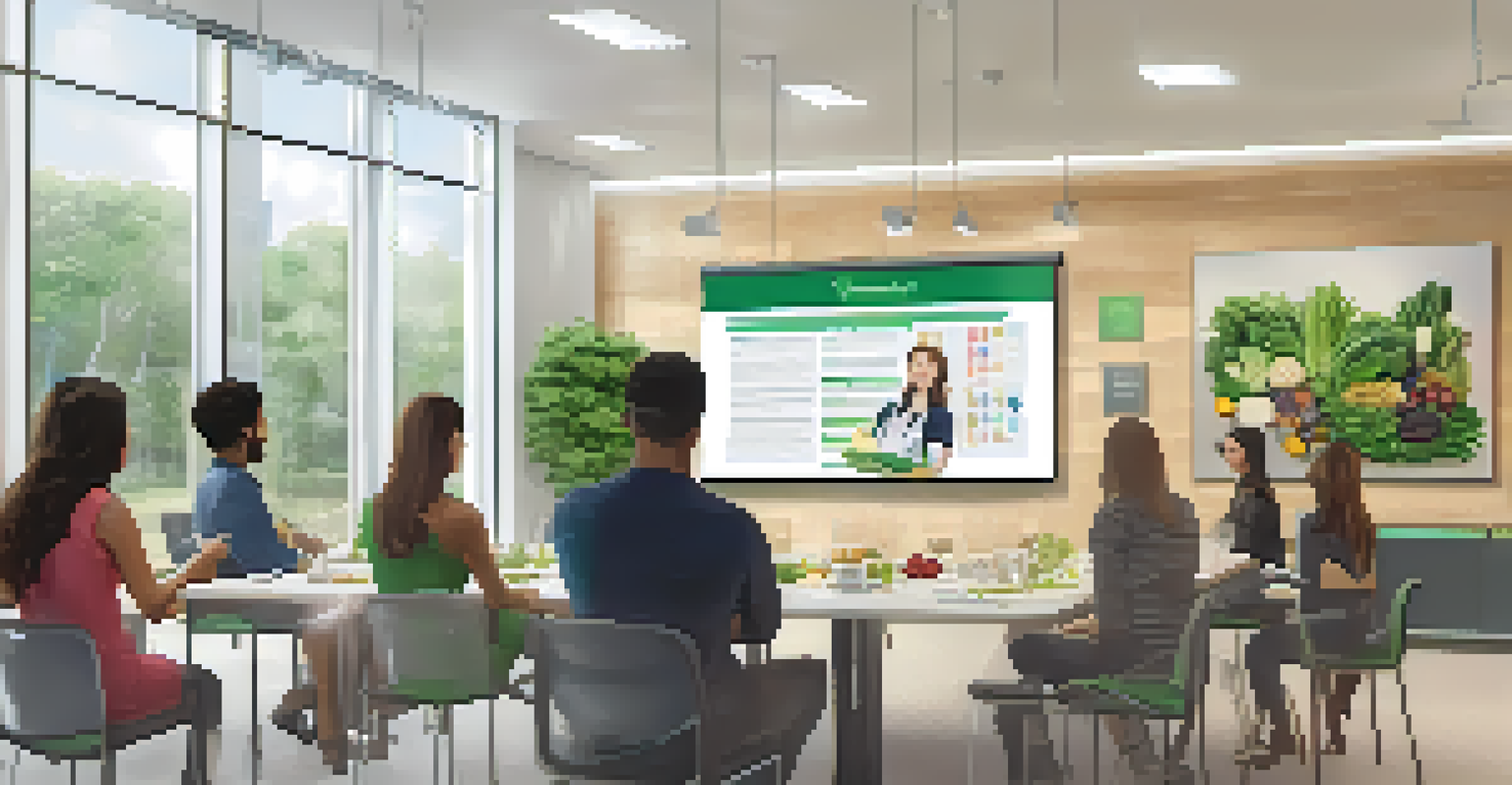 A nutrition workshop with a nutritionist presenting to engaged employees in a modern conference room filled with healthy snacks.
