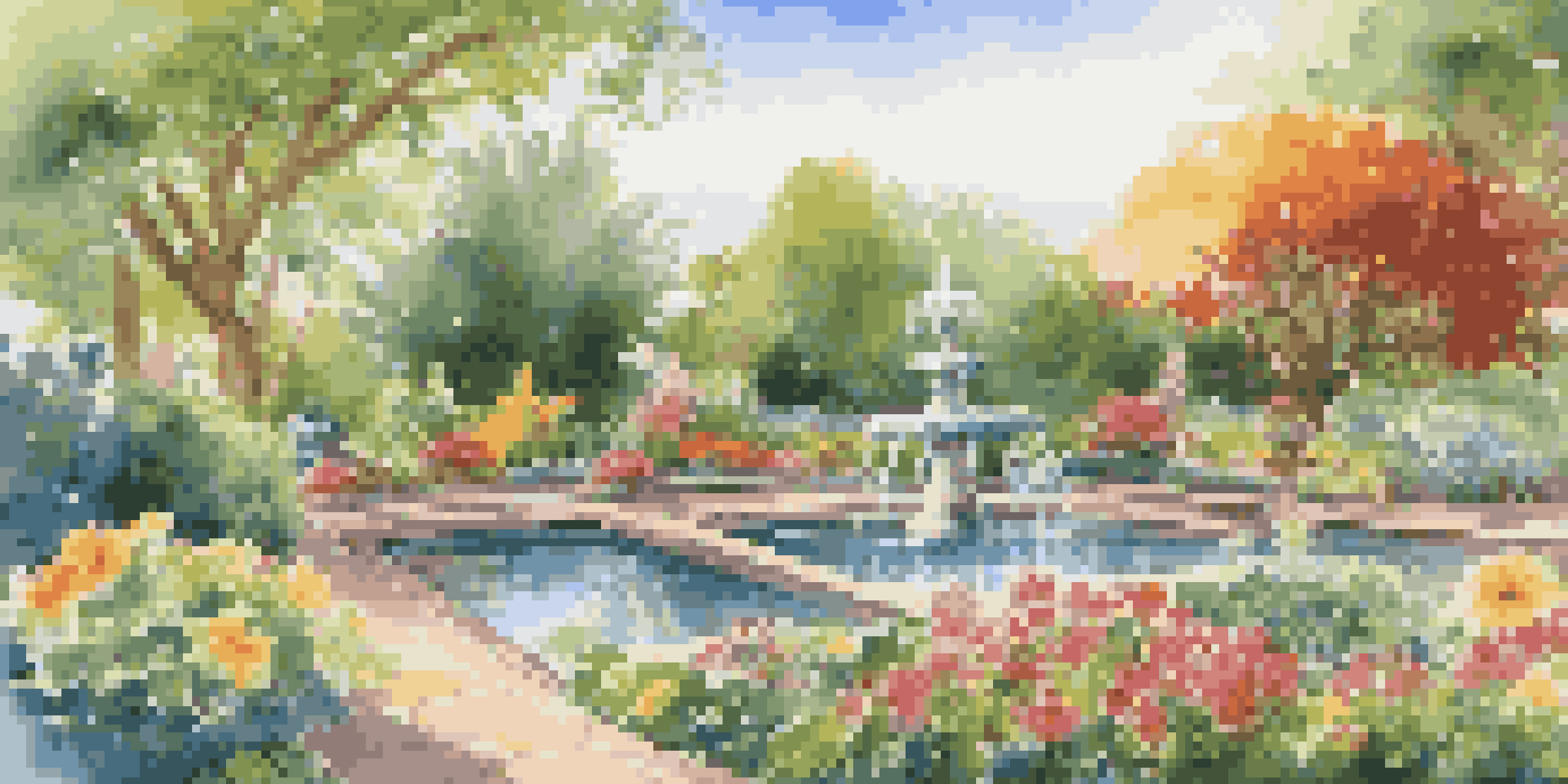 A garden with multiple water taps watering colorful flowers under a clear blue sky, symbolizing diverse revenue streams.