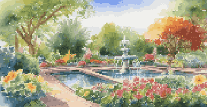 A garden with multiple water taps watering colorful flowers under a clear blue sky, symbolizing diverse revenue streams.