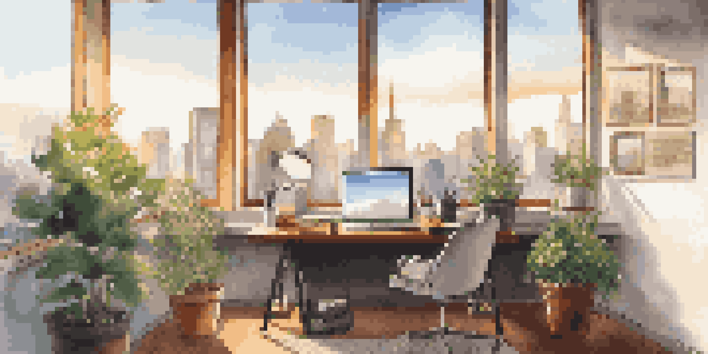 A bright and organized modern office workspace with a laptop, notepad, coffee cup, and a view of the city skyline through a large window.