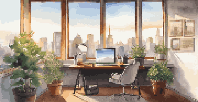 A bright and organized modern office workspace with a laptop, notepad, coffee cup, and a view of the city skyline through a large window.