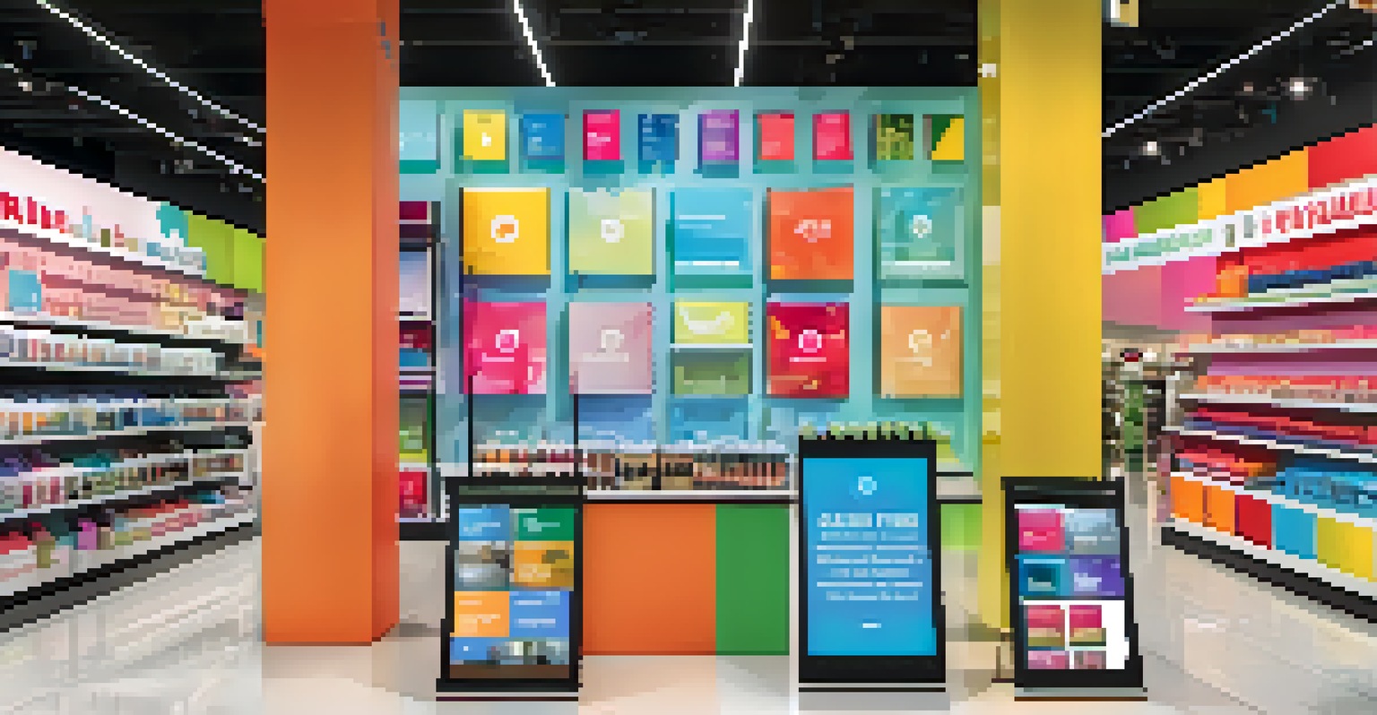 A retail store display highlighting a social media campaign with colorful product showcases and customer testimonials displayed on screens.