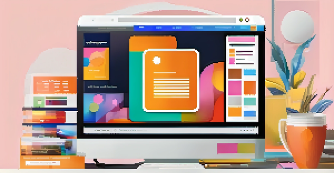 A computer screen displaying a colorful and user-friendly website design, with a notepad and coffee in the background.