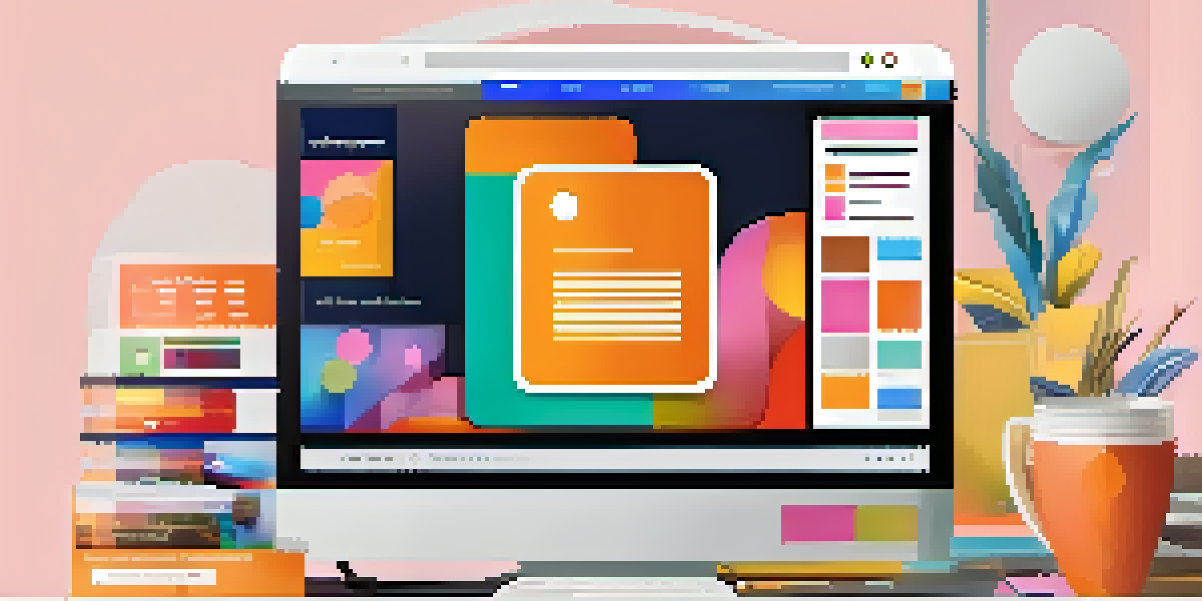 A computer screen displaying a colorful and user-friendly website design, with a notepad and coffee in the background.