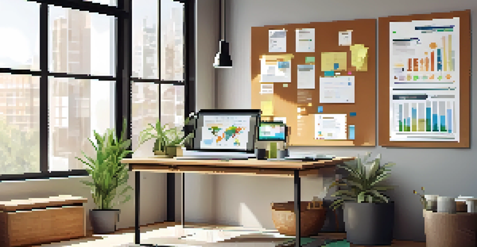 A modern workspace with a wooden desk, laptop, business documents, colorful charts, coffee mug, and a potted plant illuminated by soft natural light.
