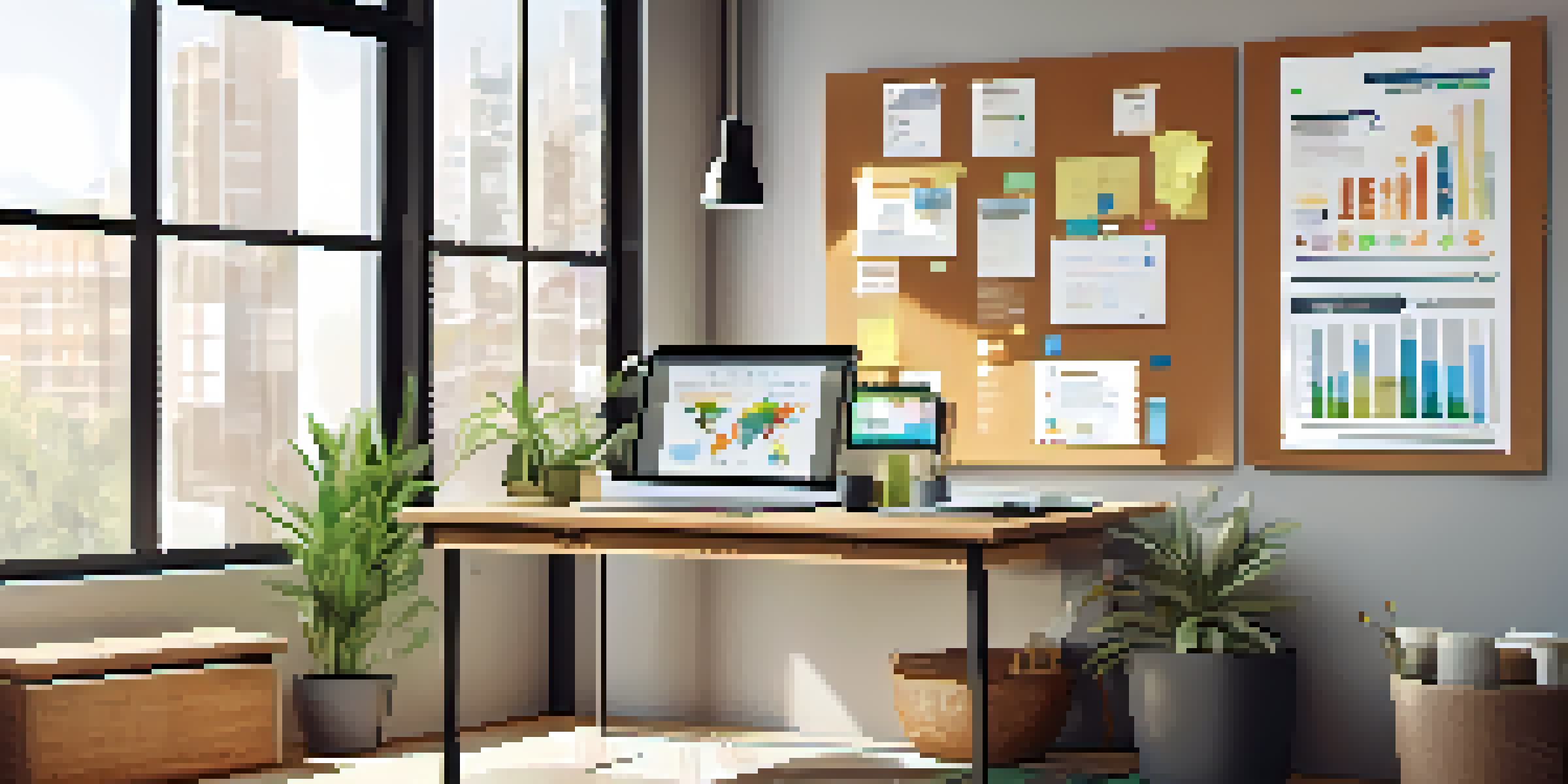 A modern workspace with a wooden desk, laptop, business documents, colorful charts, coffee mug, and a potted plant illuminated by soft natural light.