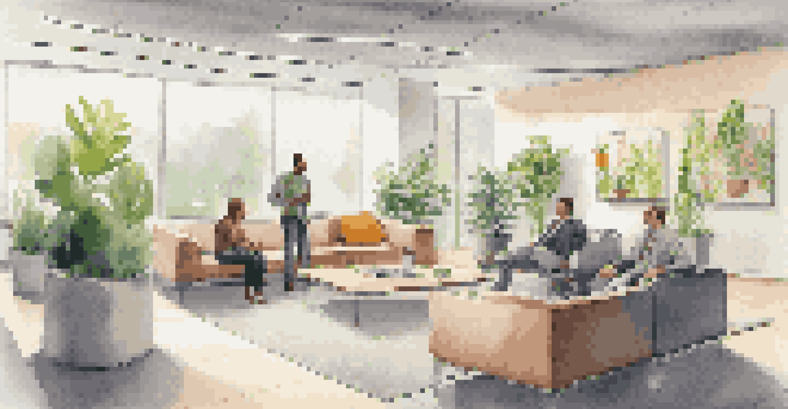 Employees in a modern lounge area exchanging feedback in a relaxed atmosphere.