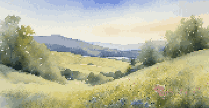 A peaceful meadow with colorful wildflowers, gentle hills, and a small stream under a clear blue sky.