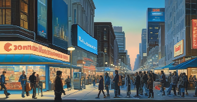 A lively city street at twilight with people engaging with their mobile devices, illuminated storefronts and digital billboards in the background.