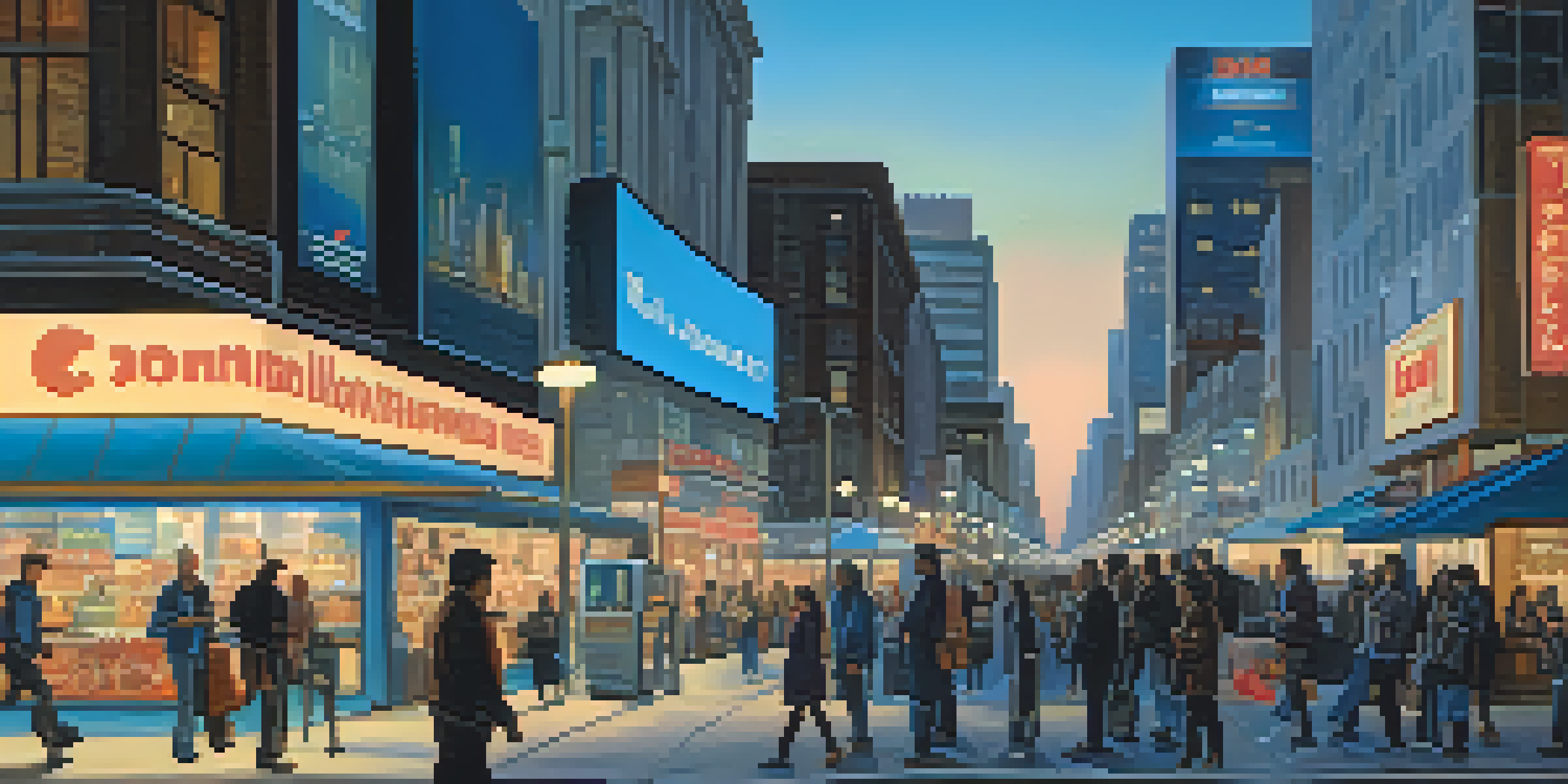 A lively city street at twilight with people engaging with their mobile devices, illuminated storefronts and digital billboards in the background.