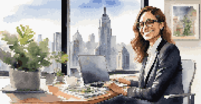 A professional woman engaged in a video call at her desk in a modern office, with city skyline visible through large windows.