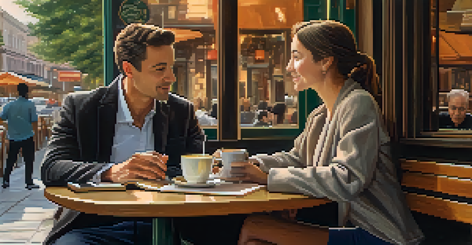 A mentor and mentee discussing emotional intelligence strategies at a café table.
