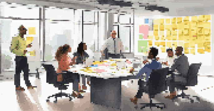 A diverse group of professionals engaging in a brainstorming session at a conference table, with colorful post-it notes and a digital whiteboard.