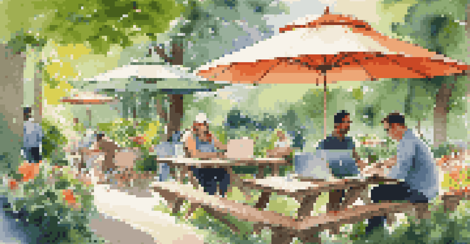 Employees working outdoors in a garden setting with picnic tables and laptops, showcasing a flexible work environment.