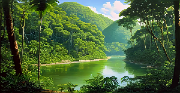 A vibrant Amazon rainforest scene with green foliage, a river, and sunlight filtering through the leaves.
