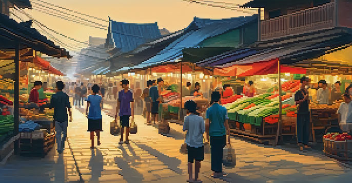 A lively street market in Vietnam during sunset, with stalls of fresh produce and textiles, and people interacting.