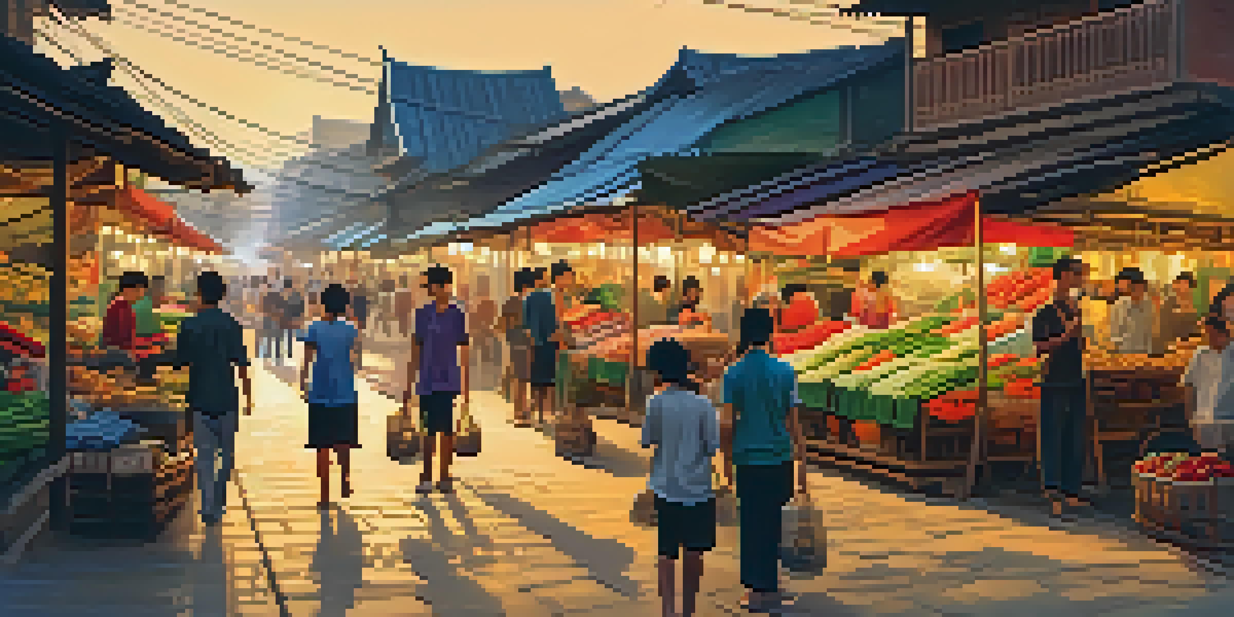 A lively street market in Vietnam during sunset, with stalls of fresh produce and textiles, and people interacting.