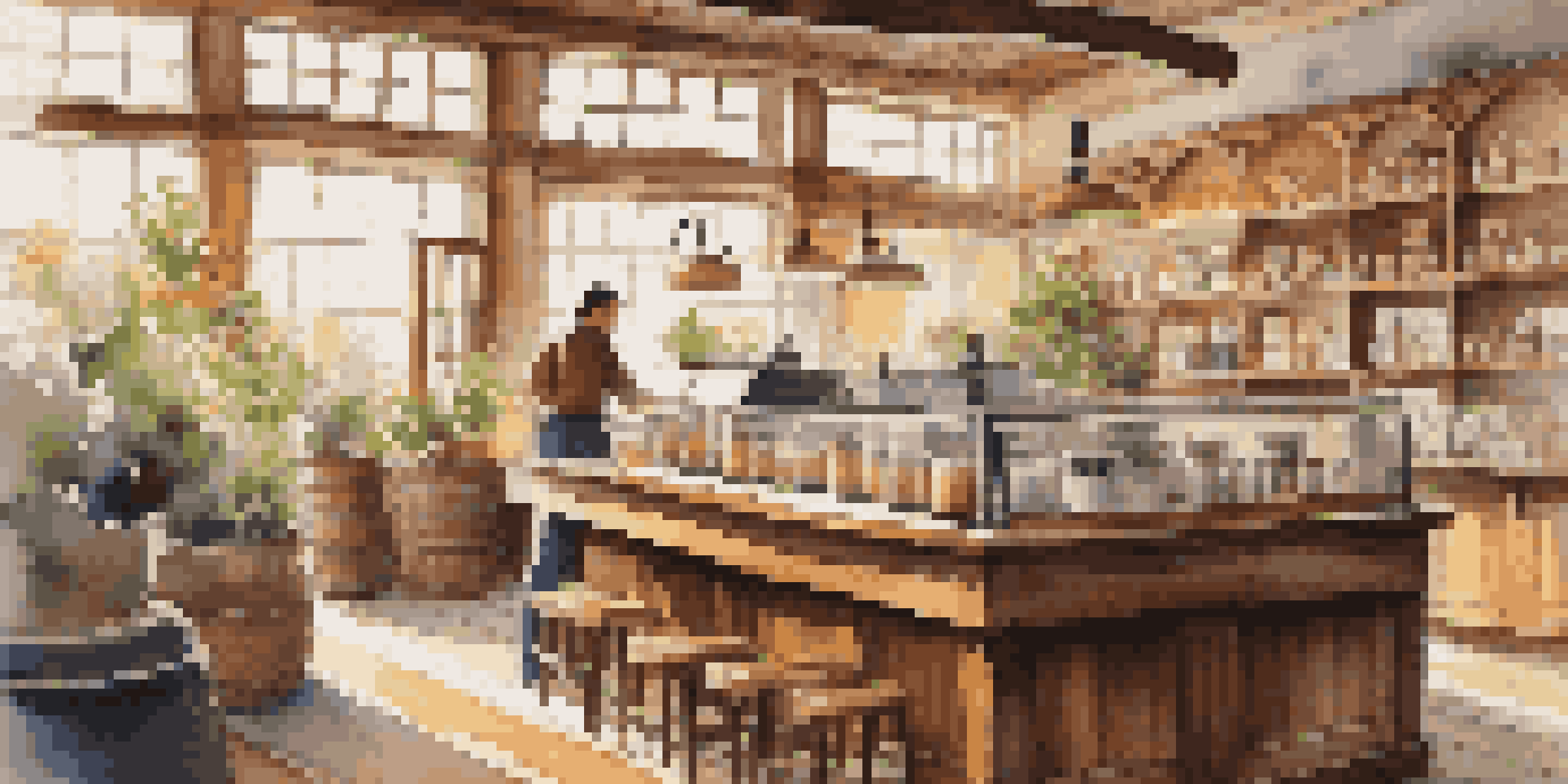 A warm and inviting local coffee shop with a barista making a latte and customers enjoying their drinks.