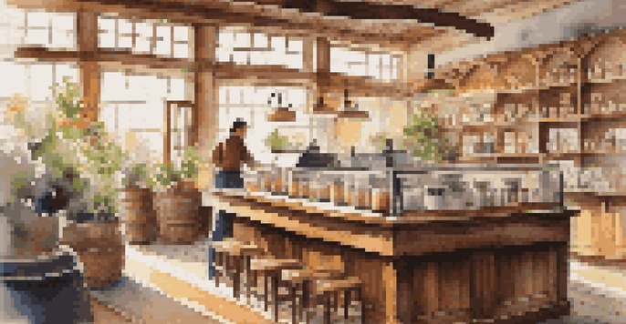 A warm and inviting local coffee shop with a barista making a latte and customers enjoying their drinks.