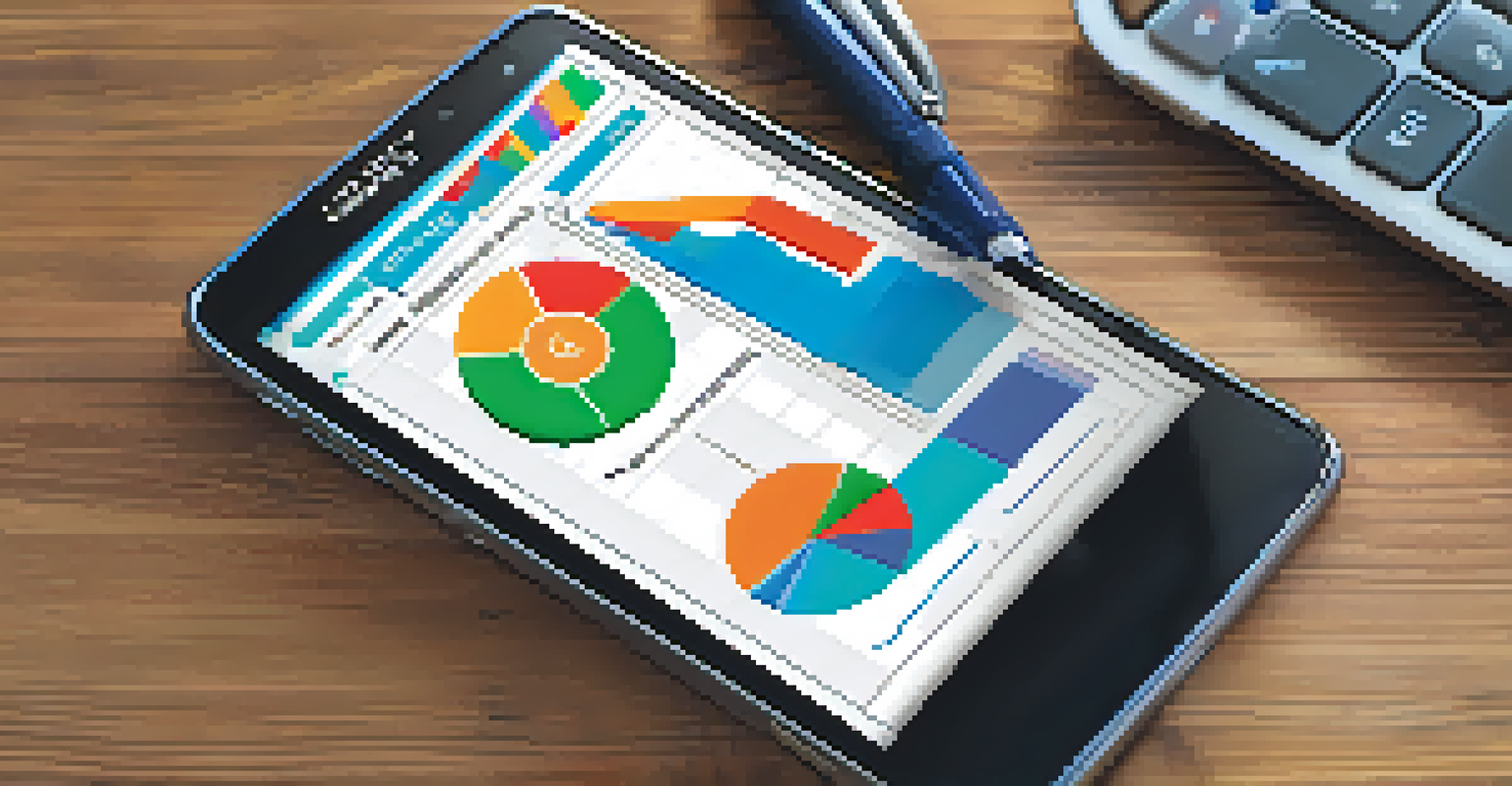 A close-up of a smartphone showing a financial management app with colorful graphs and charts on a wooden desk, accompanied by a notebook and pen.