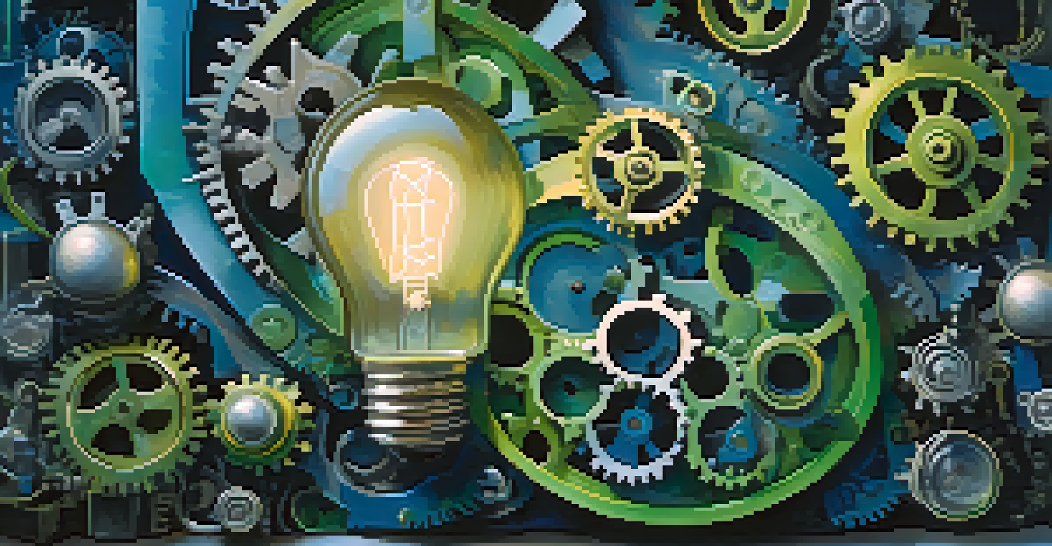 An abstract image with gears and light bulbs interconnected, representing innovation and creativity, set against a dark background.