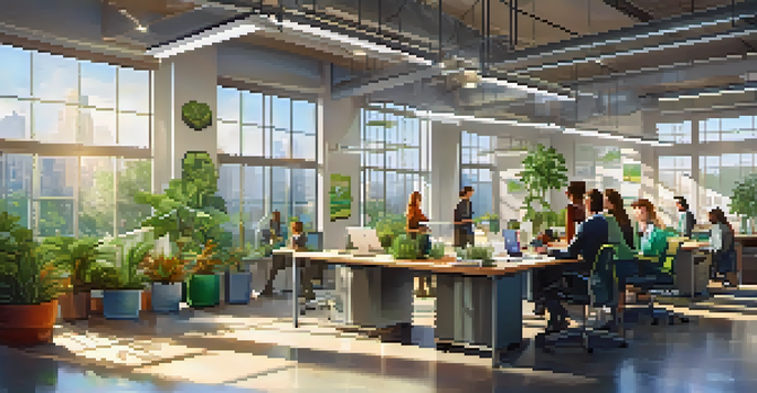 A bright and airy office with employees participating in a sustainability workshop, surrounded by plants and recycling bins.