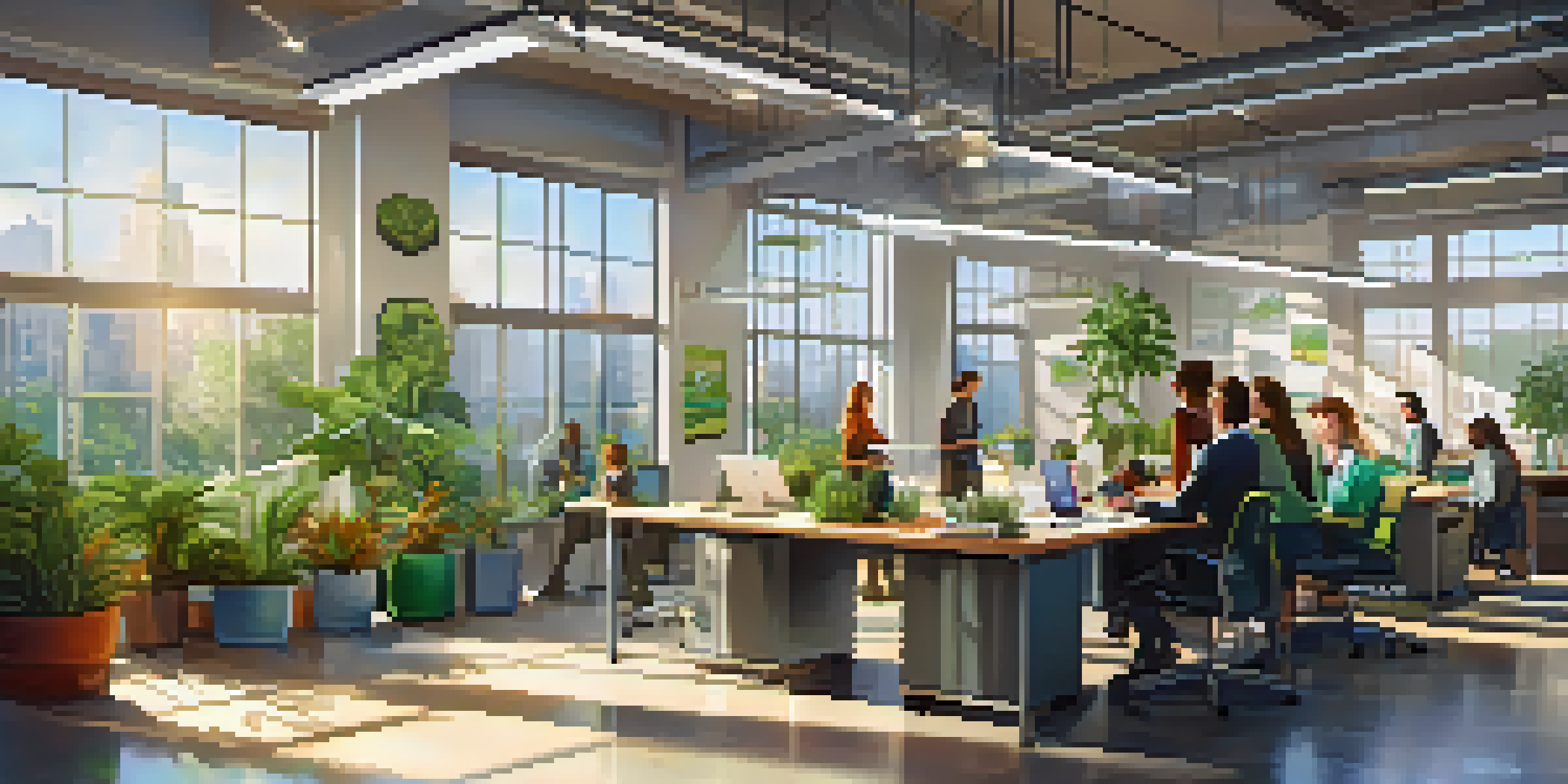 A bright and airy office with employees participating in a sustainability workshop, surrounded by plants and recycling bins.