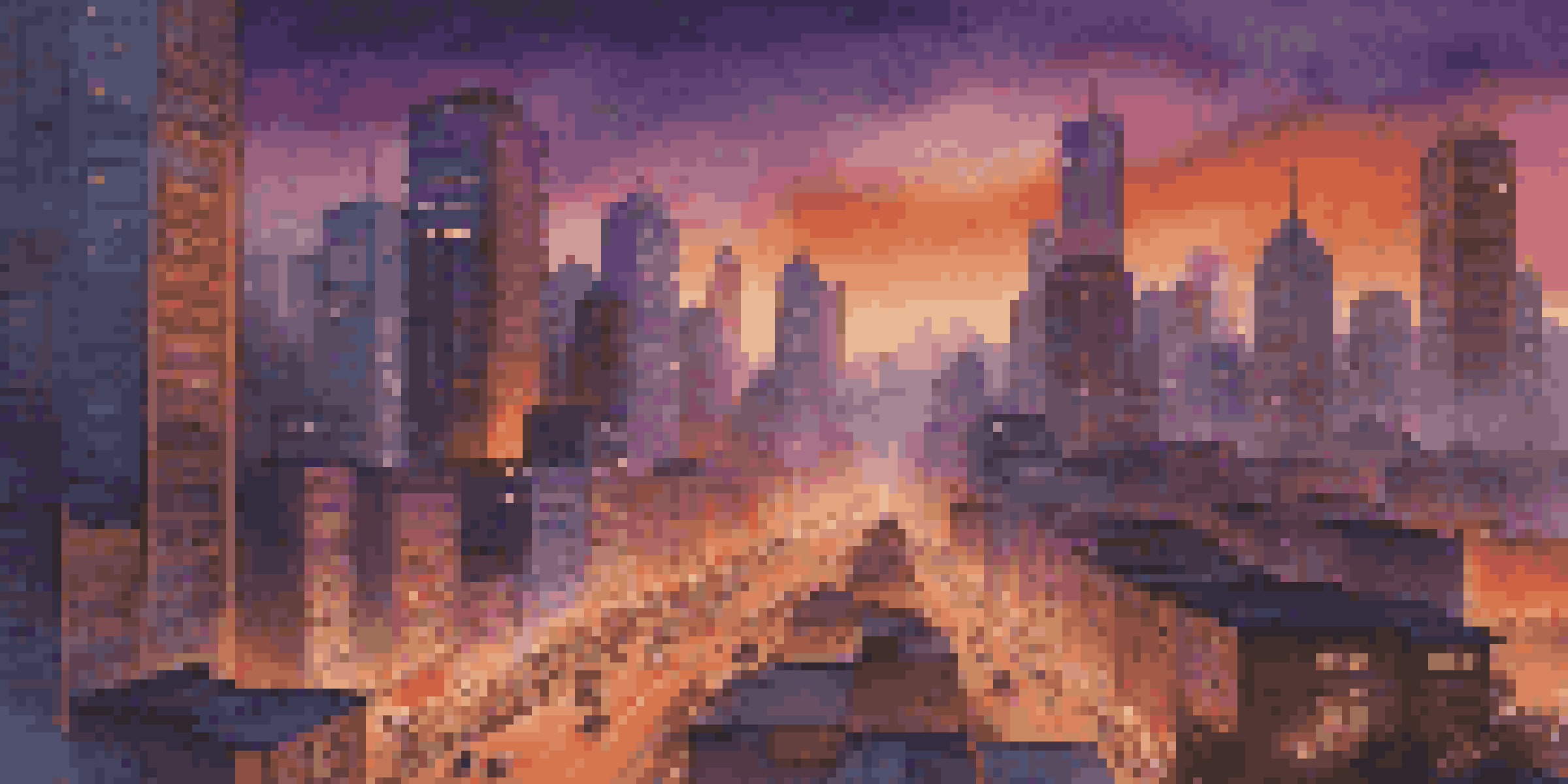 A bustling city skyline at dusk, blending modern skyscrapers with traditional buildings, illuminated by sunset colors and street lights.