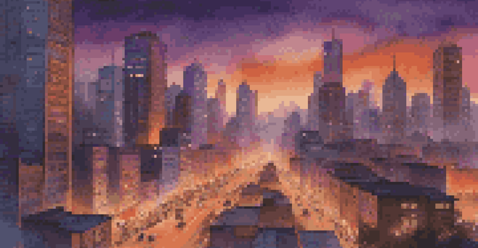 A bustling city skyline at dusk, blending modern skyscrapers with traditional buildings, illuminated by sunset colors and street lights.