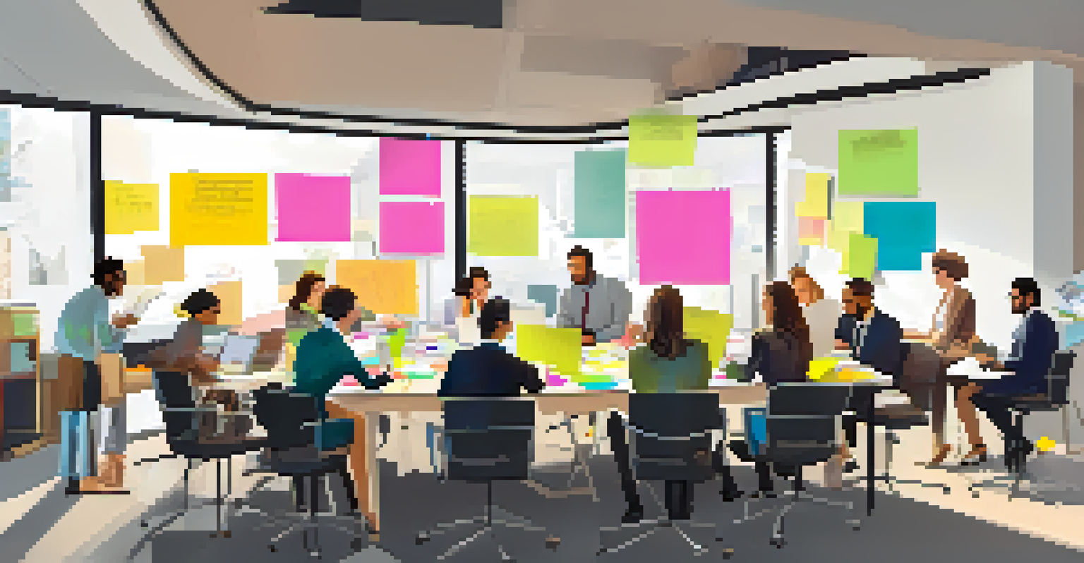 A diverse group of professionals collaborating at a table with laptops and colorful notes, highlighting teamwork and innovation.