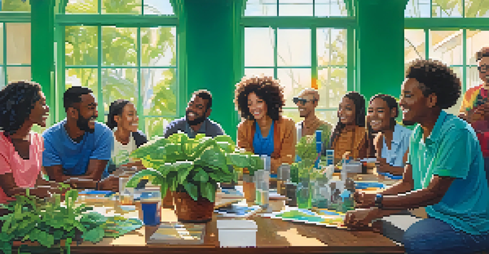 A diverse group of people participating in a community workshop, discussing sustainability with plants and recycling materials on the table, illuminated by warm sunlight.