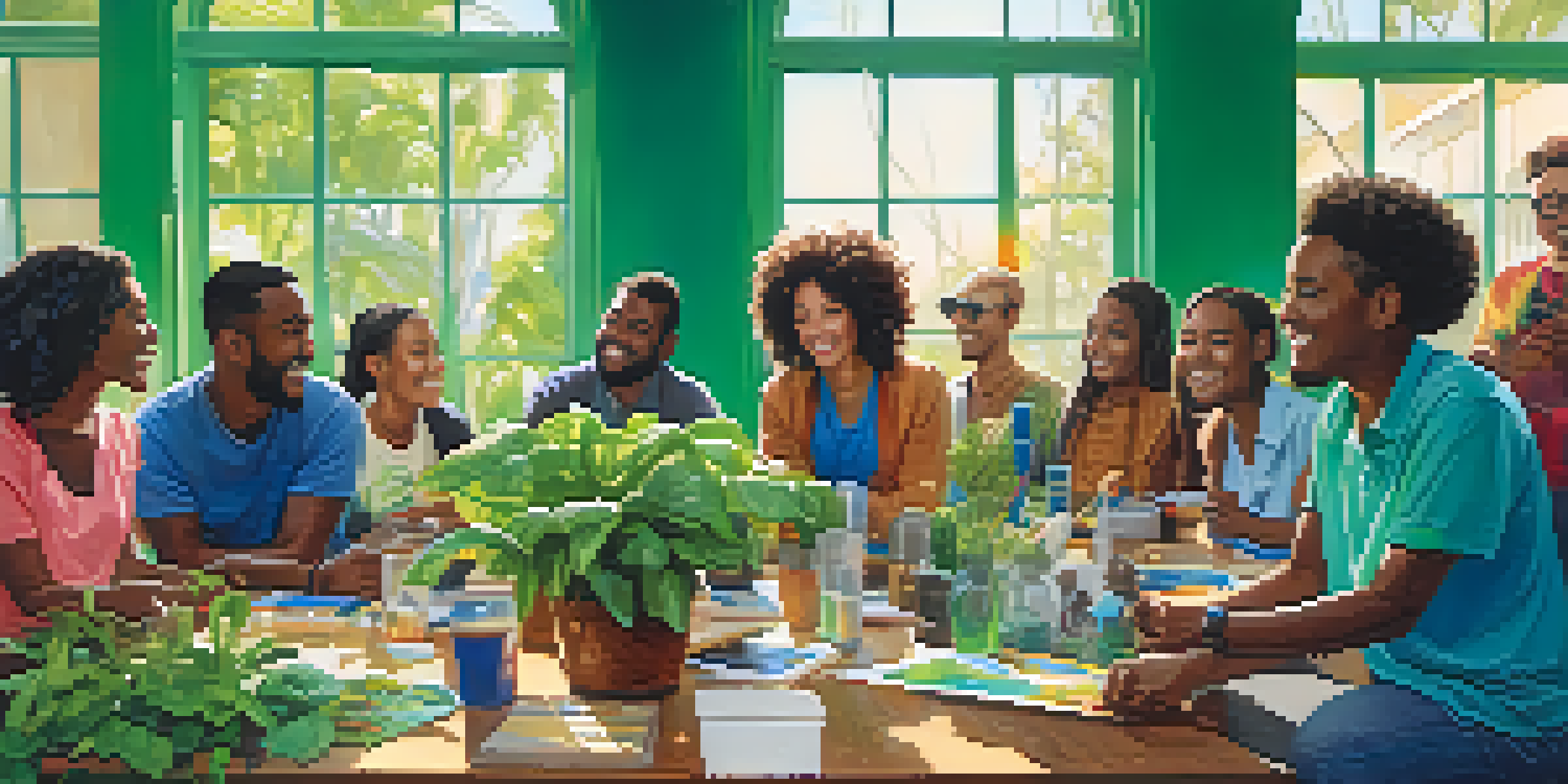 A diverse group of people participating in a community workshop, discussing sustainability with plants and recycling materials on the table, illuminated by warm sunlight.