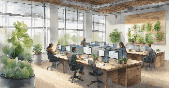 A bright modern office with large windows, collaborative workspace, reclaimed wood table, indoor plants, and energy-efficient lighting.