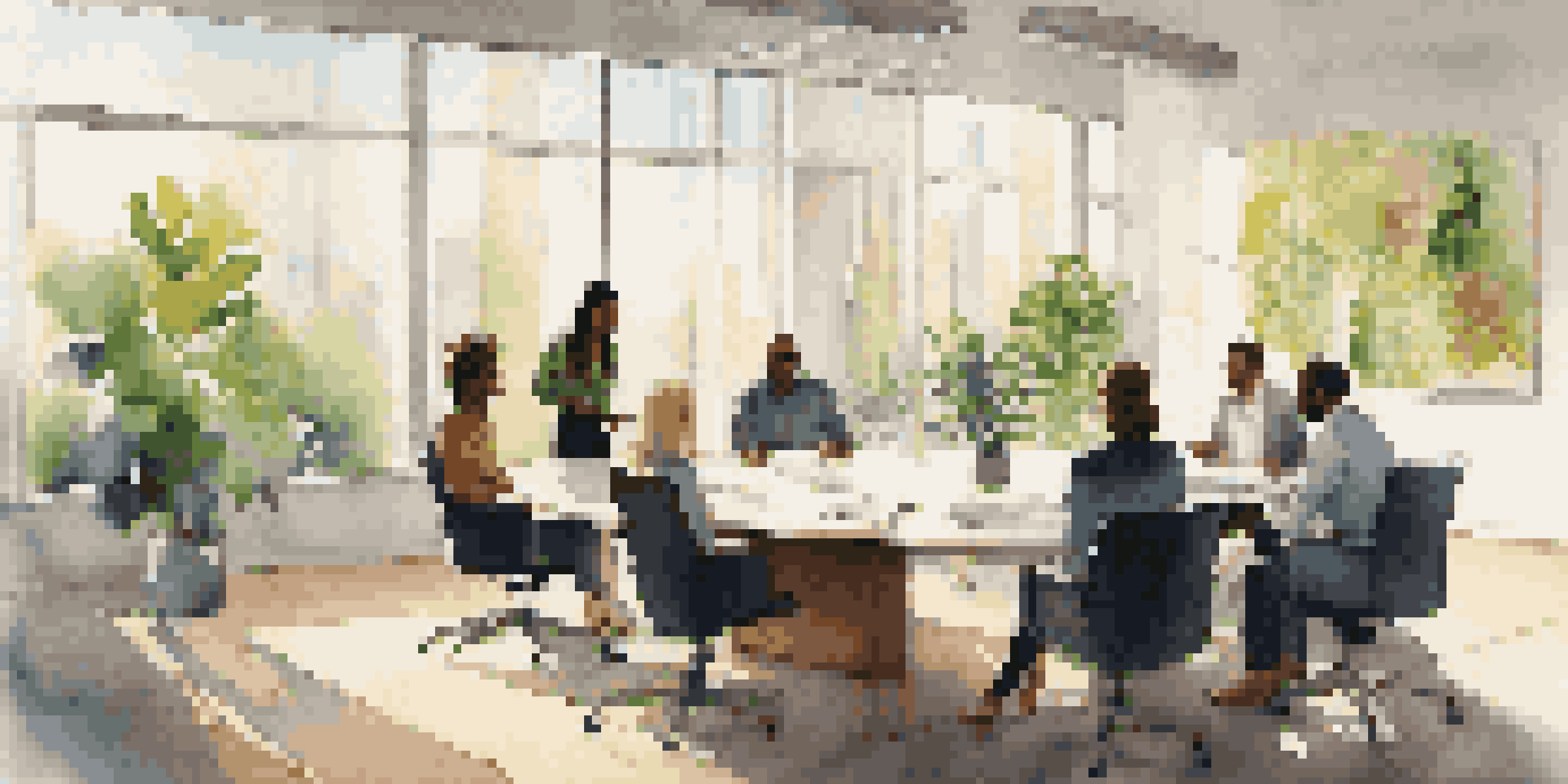 A diverse group of professionals discussing ideas around a modern conference table in a well-lit office environment.