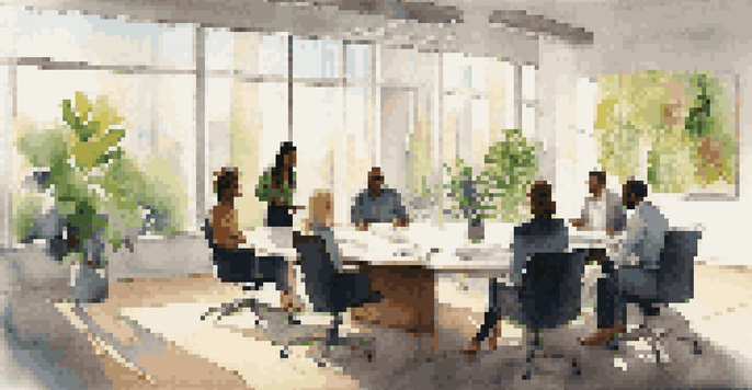A diverse group of professionals discussing ideas around a modern conference table in a well-lit office environment.