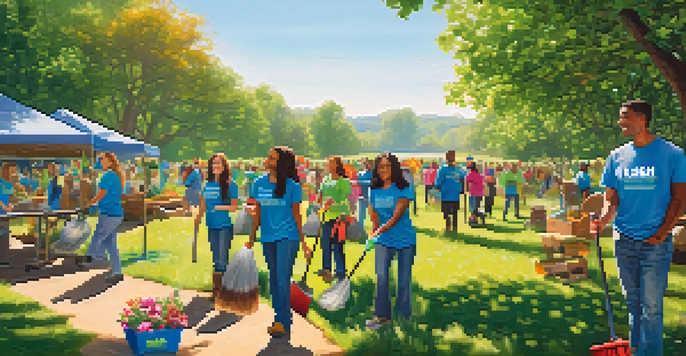 A diverse group of people participating in a community clean-up in a lush outdoor setting, wearing sustainability-themed t-shirts.