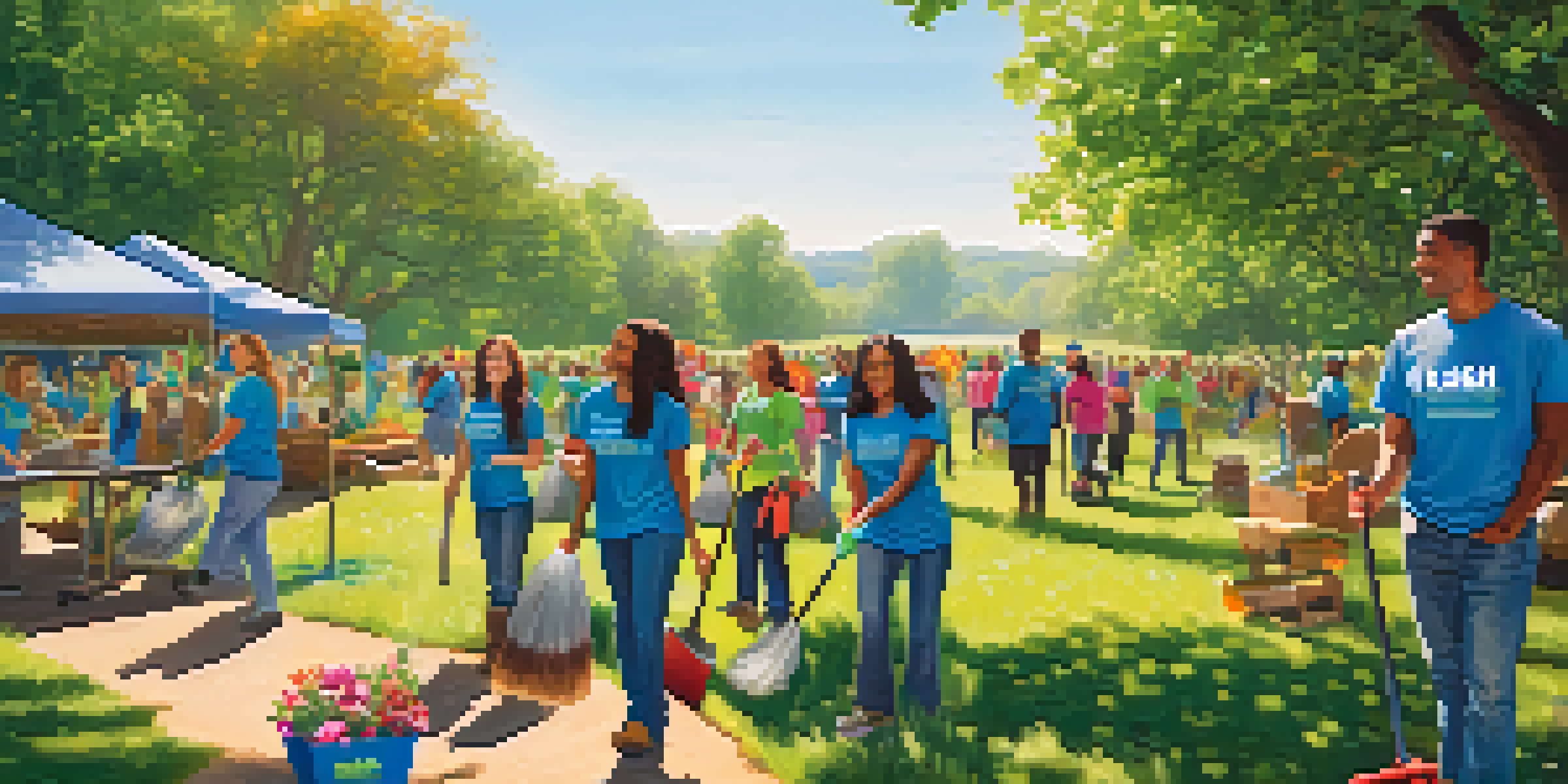 A diverse group of people participating in a community clean-up in a lush outdoor setting, wearing sustainability-themed t-shirts.