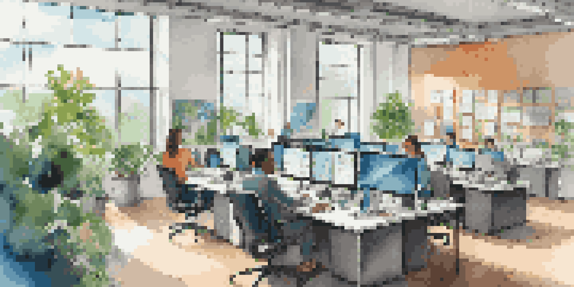 A bright office with diverse professionals working together at a large table filled with laptops and papers, with greenery visible outside.