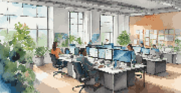 A bright office with diverse professionals working together at a large table filled with laptops and papers, with greenery visible outside.