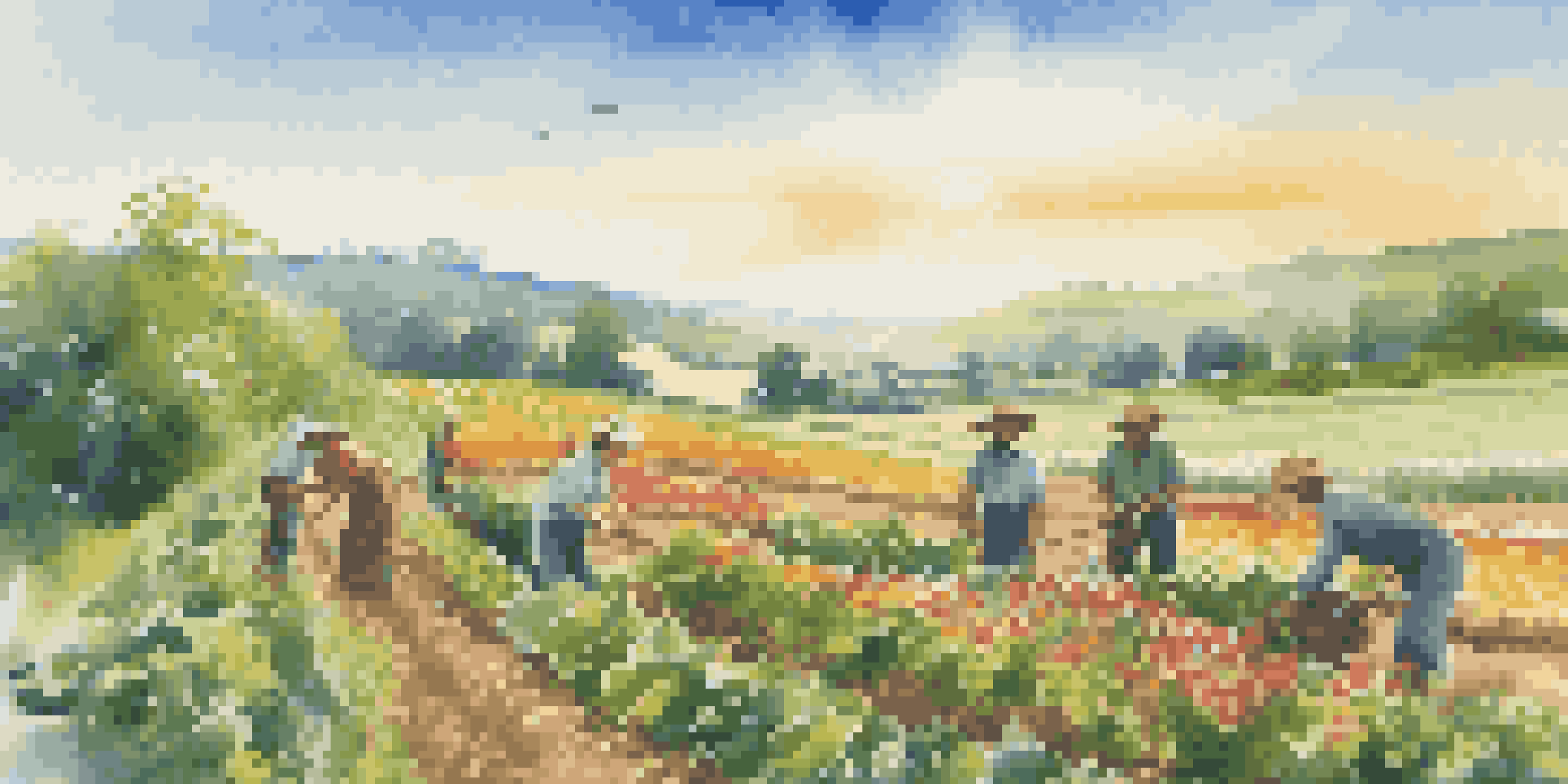 A peaceful rural scene with farmers harvesting organic crops in a green field under a clear blue sky.