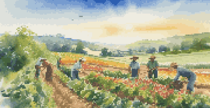 A peaceful rural scene with farmers harvesting organic crops in a green field under a clear blue sky.