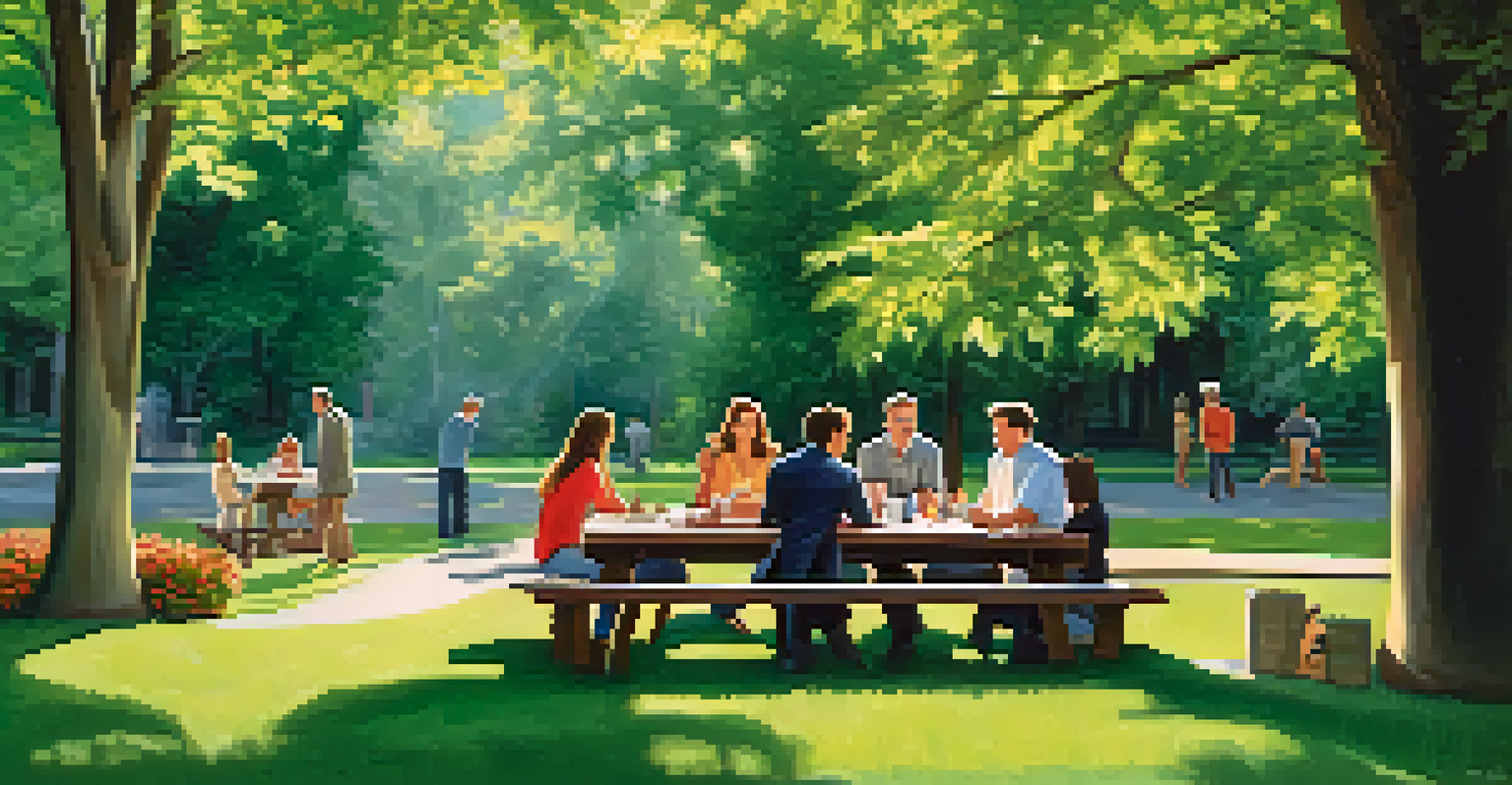 A diverse group of professionals sitting at a picnic table in a park, discussing business goals in a serene outdoor setting.